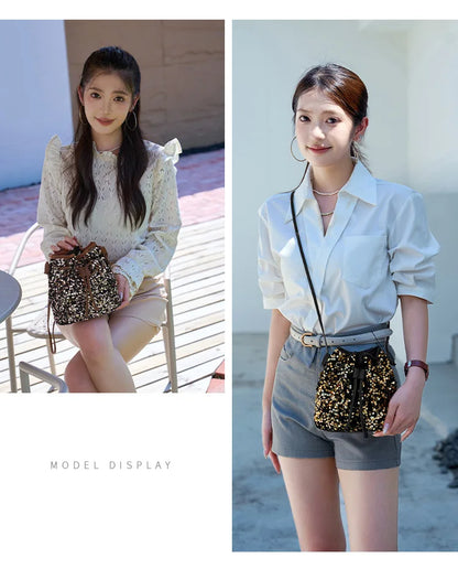 New Chic Multicolor Sequin Shing Shoulder Bag Fashion Versatile Handbag Drawstring Bucket Bag Large Capacity Wallet Purse Bags