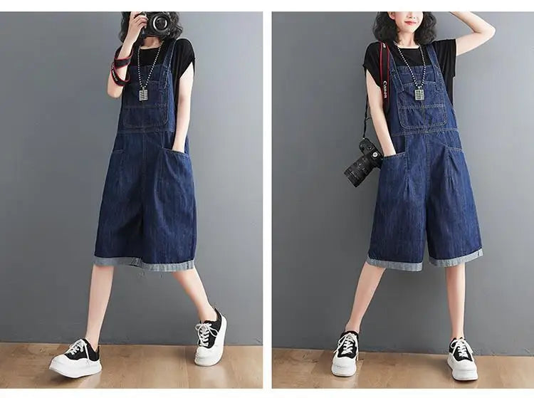 Summer Denim Straps Shorts Jeans Overalls Women Korean Wide Leg Jumpsuits Female Suspender Rompers Casual Conjoined Fifth Pants