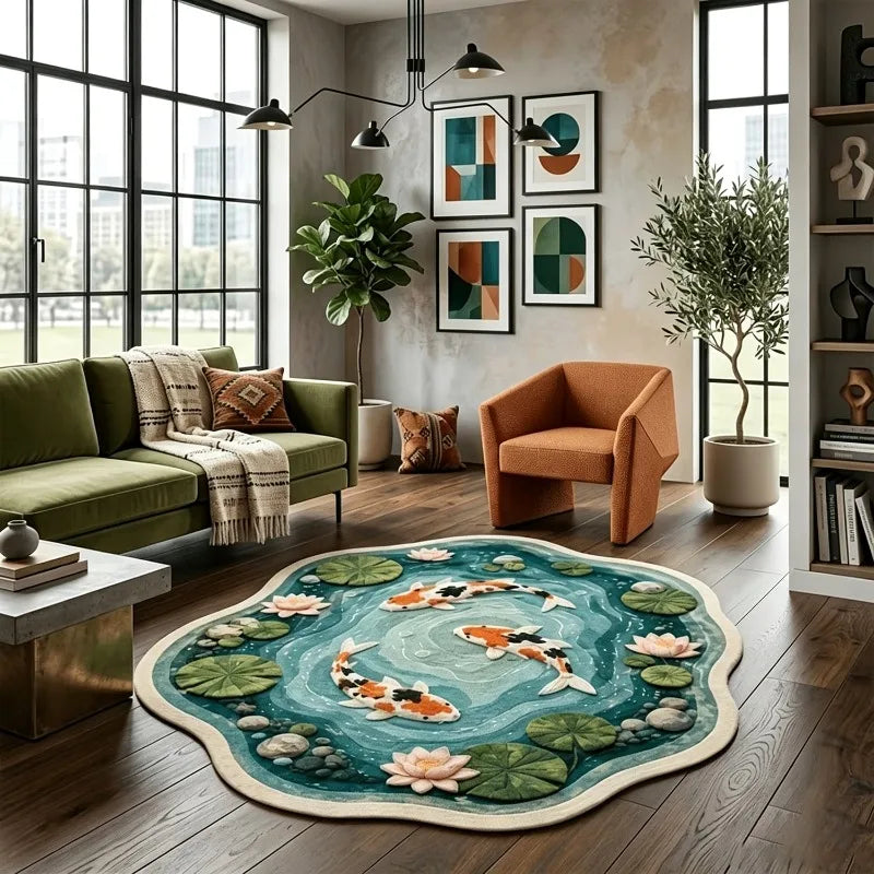 Lotus Pond Koi Fish Irregular Rug Art Pastoral Decor Living Room Carpet Bedroom Bedside Plush Rugs Soft Washable Floor Mat