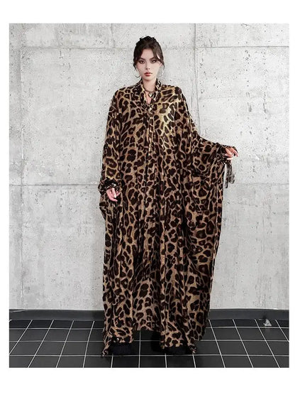 Leopard Print Loose Bat-sleeve Dress Women Summer Stand-up Collar Tie-waist Oversize Slimming Casual Long Dress XY420