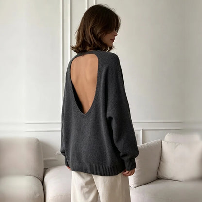 Casual Knitted Sweater Round Neck Open Back Long Sleeves Loose Pullover 2026 Autumn Fashion Daily Versatile Cardigan Top Outfit