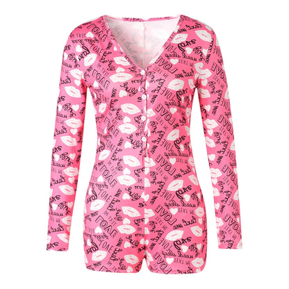 Combhasaki Women's Sexy High Waist Functional Buttoned Flap OnesEies Casual Pattern Print Romper Long Sleeve Playsuit Homewear