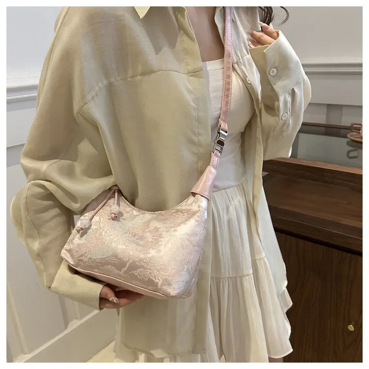 Fashion Luxury Women Embroidery Shoulder Bag Nylon Pearl Pendant Bucket Bag Versatile Handbag Retro Women Crossbody Bags сумка