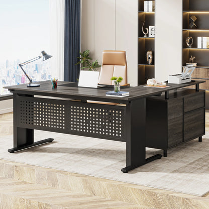 Tribesigns 63 Inch Executive Desk with File Cabinet, Large Office Desk L Shaped Computer Desk with Drawers and Storage Shelves
