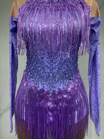Sparkly Rhinestones Sequins Tassels Bodysuit for Women Sexy Performance Dance Costume Singer Dancer Leotard Show Stage Wear