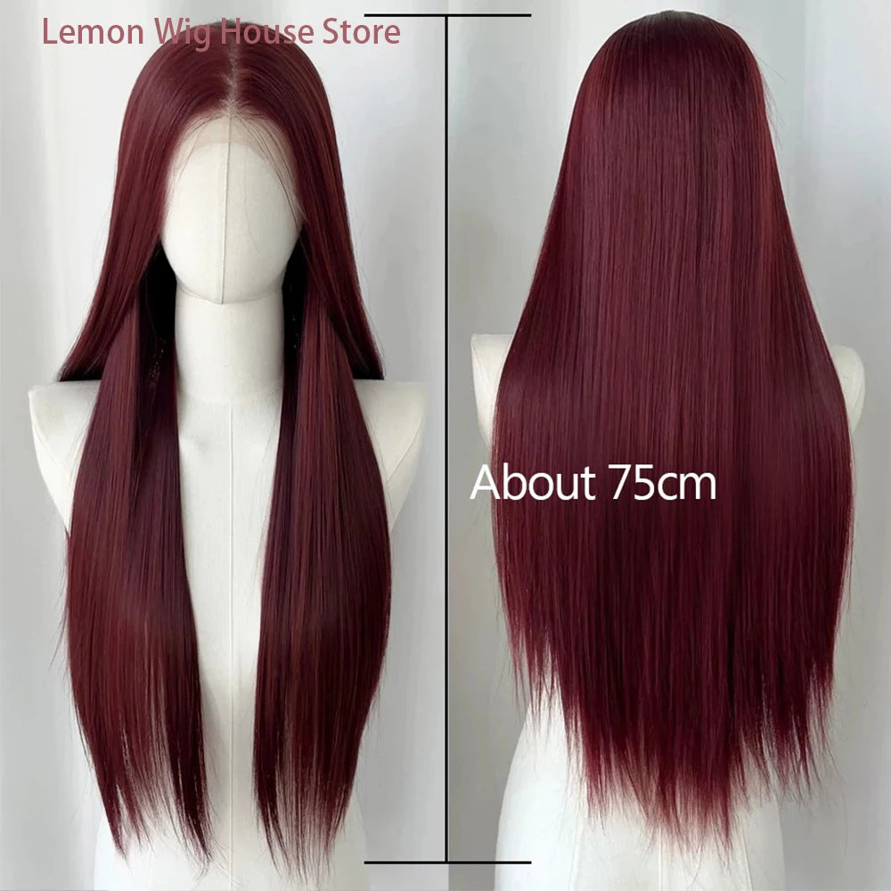 Wine Red Lace Front Wig Anime Cosplay Wig 28inch Long Straight Synthetic 13x4 Lace Front Wig Lolita High Quality Fibers Wigs