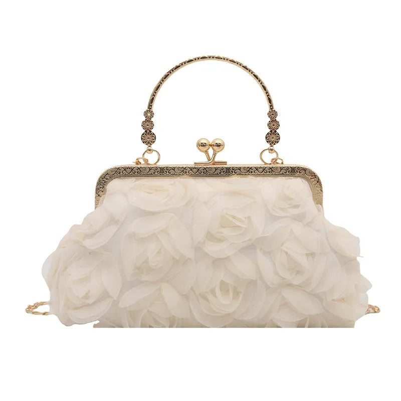 Luxury Women Chain Shoulder Bag Chiffon 3D Flower Banquet Bag Fashion Evening Bags Fashion Clutch Handbag Trendy Crossbody Bag