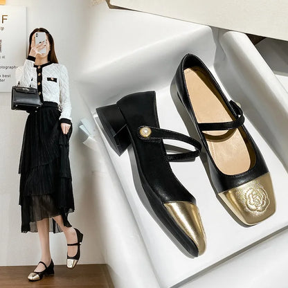 Fashion Mary Jane Women's Shoes 3cm Wide Heel Pumps Embroidered Flowers Pearl Buckle Strap Mary Jane Shoes Luxury Leather Heels