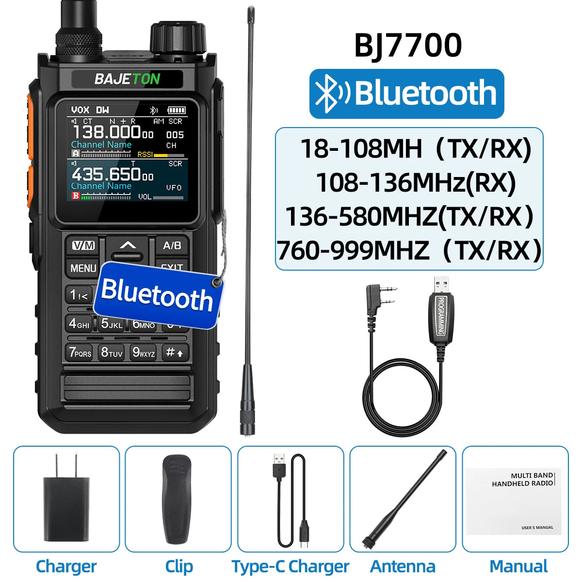 BAJETON BJ-7700 Walkie Talkie Multi Band Wireless Bluetooth Phone Programming Noise Reduction AM FM Ham Radio For Camping BT8200