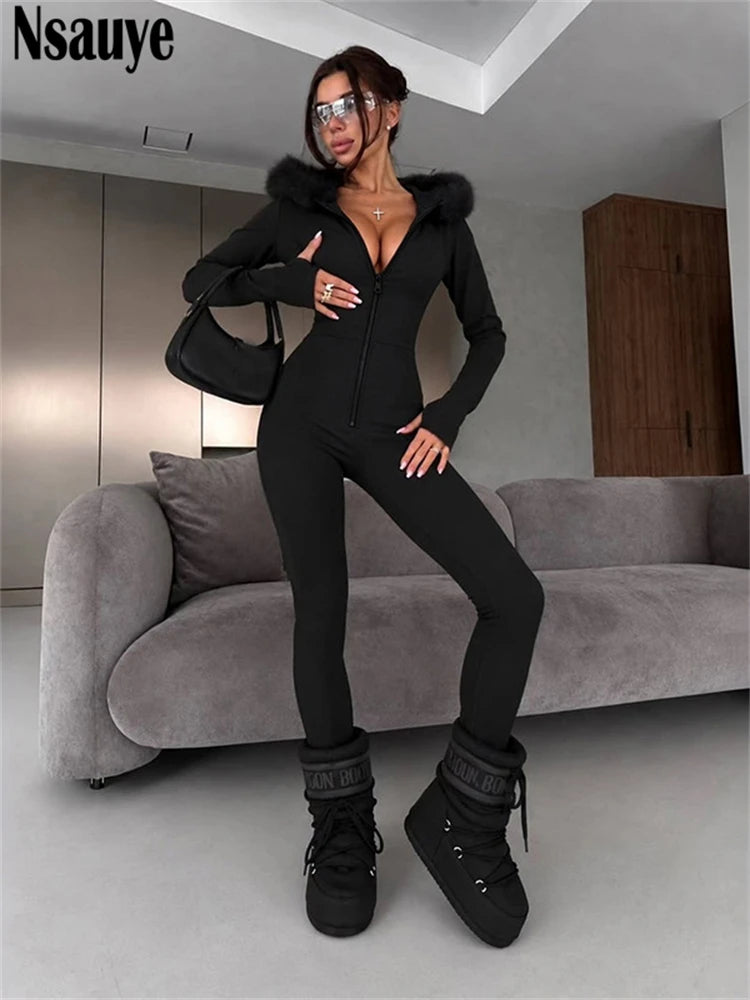 Nsauye Jumpsuits Women Long Sleeve Pullover Faux Fur Hoodies Skinny One Pieces Overalls Sexy Clubwear Sport Y2K Jumpsuit Rompers
