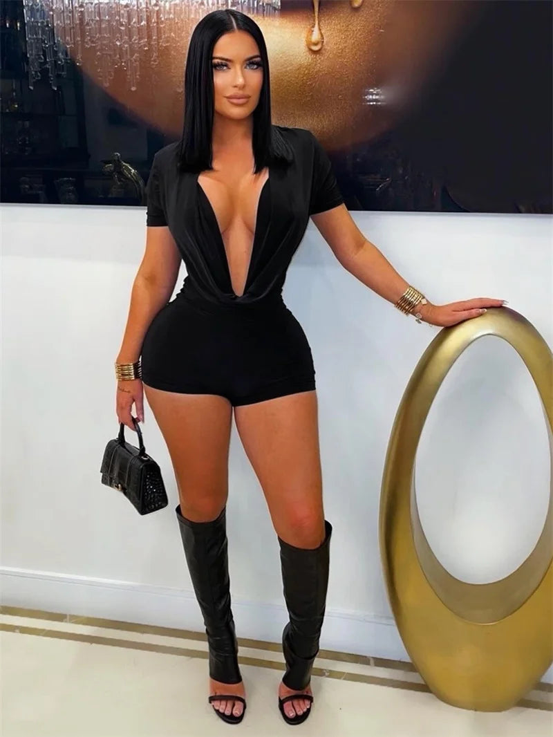 Sexy Deep V-neck Solid Bodycon Romper for Woman Jumpsuits Short Sleeve Skinny One Pieces Playsuit Club Party Combishort Femme