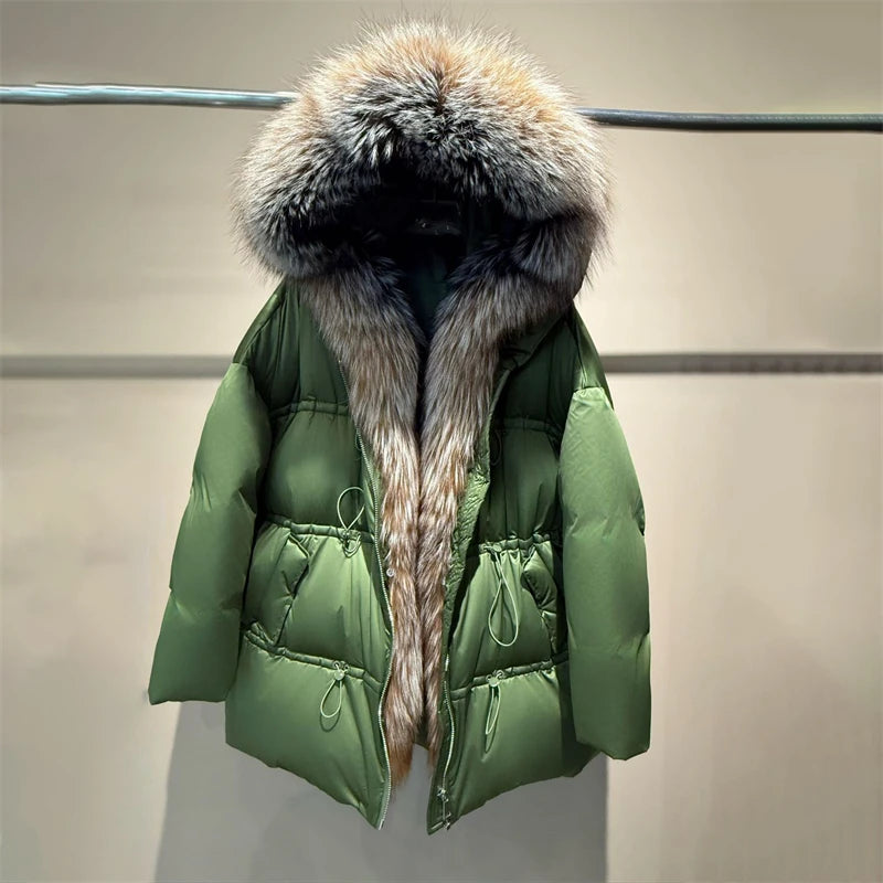 Winter New Arrival Women's Long down Jacket withLargeFox Fur Collar Fashionable Waist-Cinching Drawstring Loose Goose down Coat