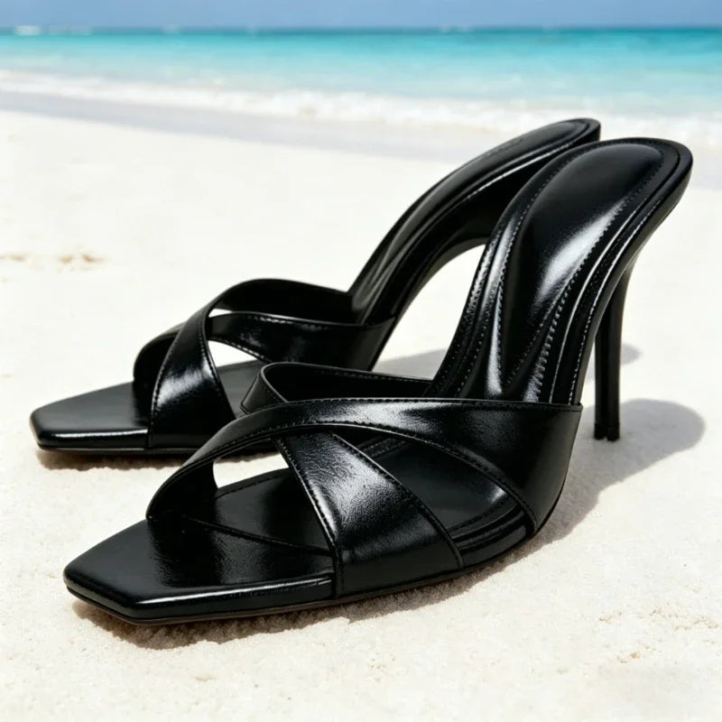 Fashion Gold Cross Tied Stiletto Slingback Sandals for Women Sexy Square Toe Open Toe Slide Sandals Luxury Brand Designer Shoes