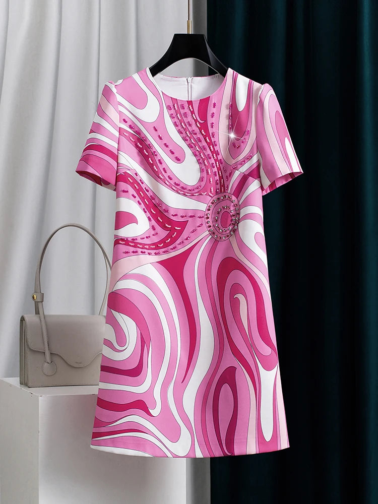 Women Pink Printed Beaded Dress Short Sleeve Round Neck a Line Elegant Summer Fashion Luxury Party Embroidered Chic Midi Dress