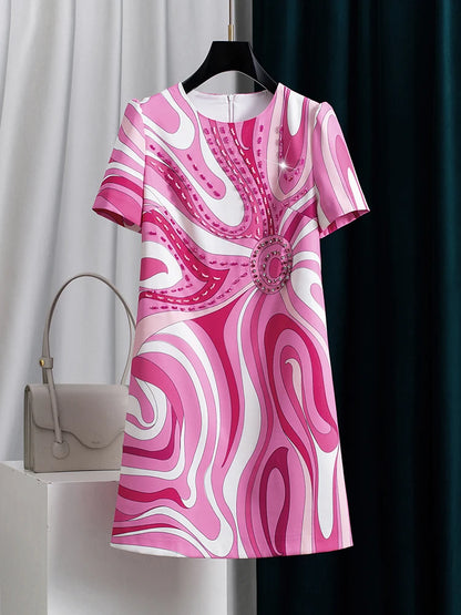 Women Pink Printed Beaded Dress Short Sleeve Round Neck a Line Elegant Summer Fashion Luxury Party Embroidered Chic Midi Dress