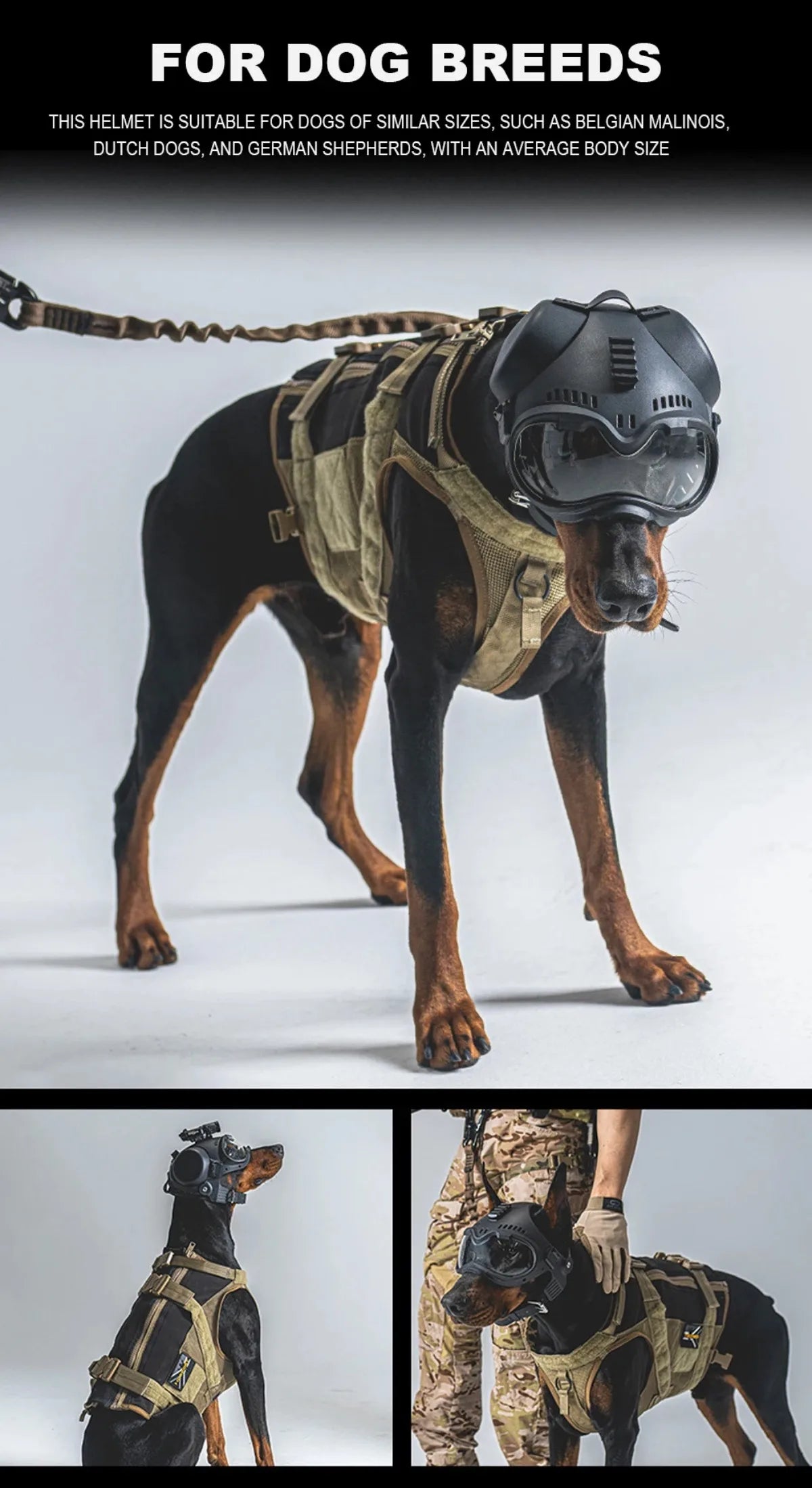 ATUBAN Tactical Dog Military Hunting Training K9 Helmet, Large Dog Patrol Dogs Sheepdog Pet Motorcycle Protective Helmet Goggles