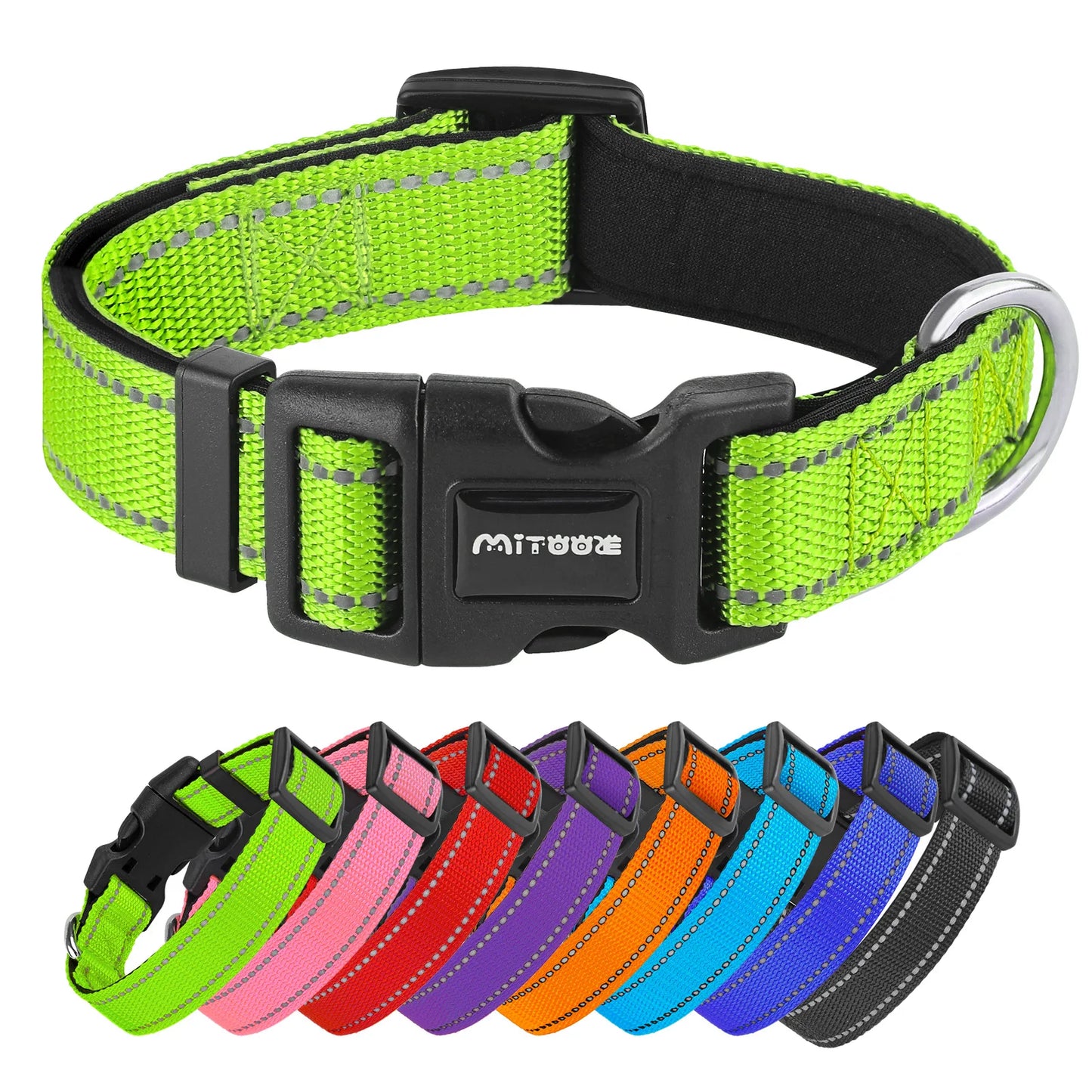 Reflective Adjustable Padded Dog Collar Soft Breathable Pet Neck Strap for Medium Large Dogs Durable Safety Collar for Night
