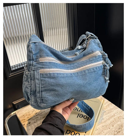 Vintage Denim Women's Shoulder Bag Large Capacity Messenger Bag Multi-pockets Satchel Bags Adjustable Strap Ladies Crossbody Bag