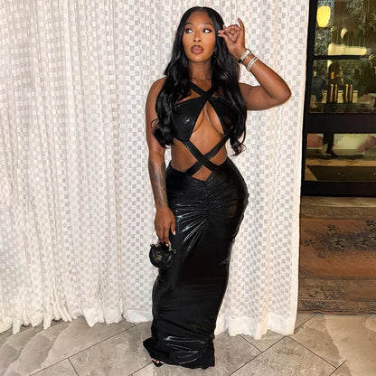 Doyerl Halter Bandage Hollow Out Party Dresses for Woman Evening Prom Club Sleeveless Sheath Slim Bodycon Maxi Dress Robe Femme