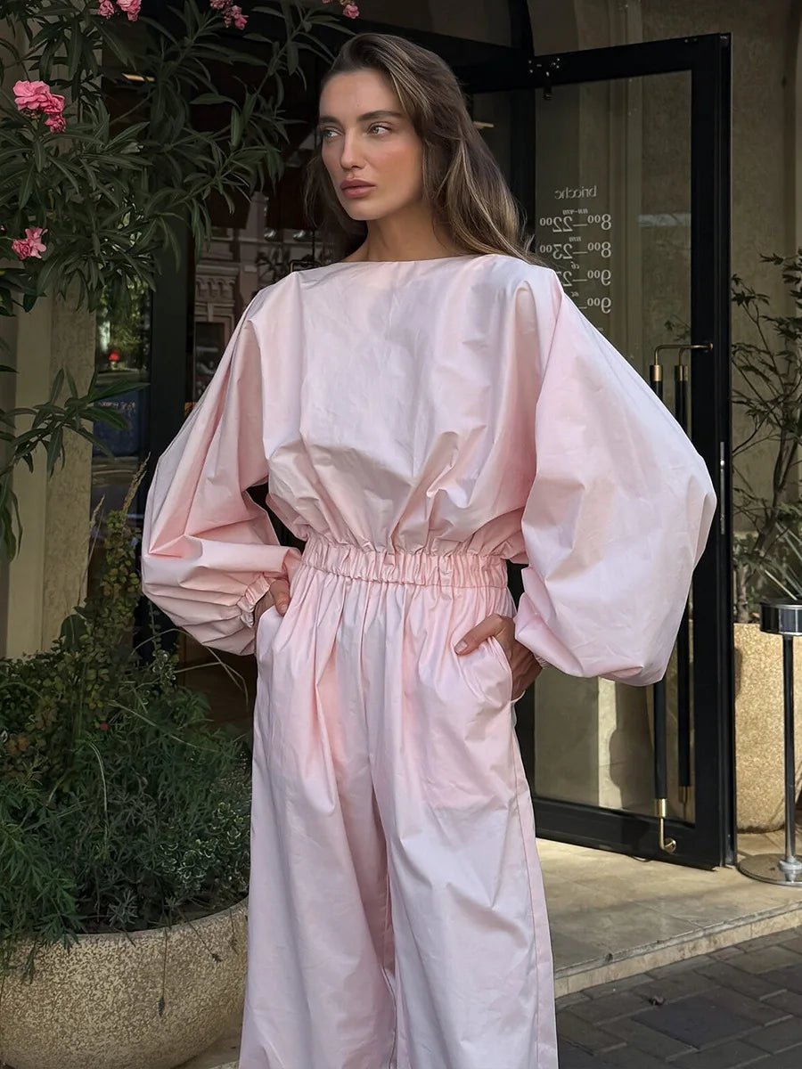 Pink One-Piece Suit Women's Spring Summer New Lantern Sleeve Backless Top Waist-Cinching Wide Leg One-Piece Suit