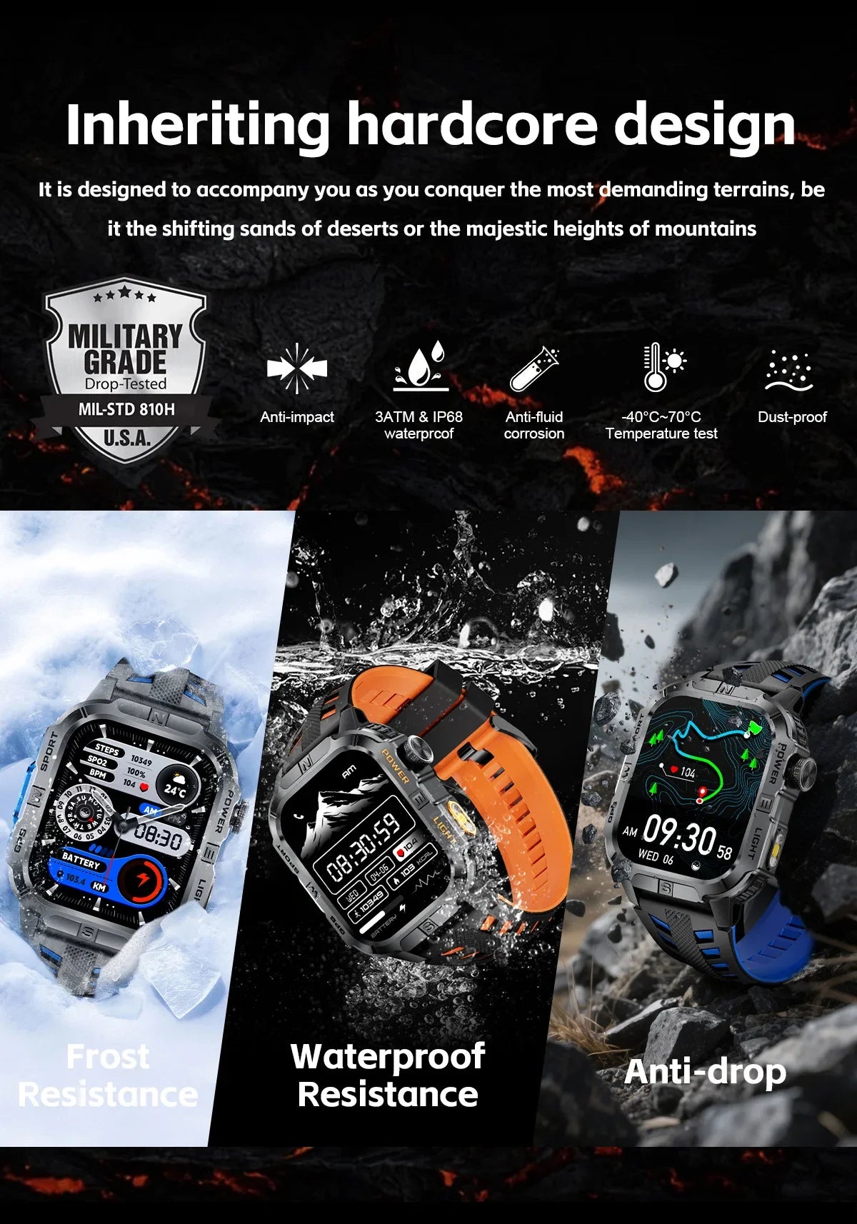 New Outdoor Military Men Smartwatch Equipped With GPS Sports LED Lighting, Compass, Wireless Communication IP68 Waterproof Watch