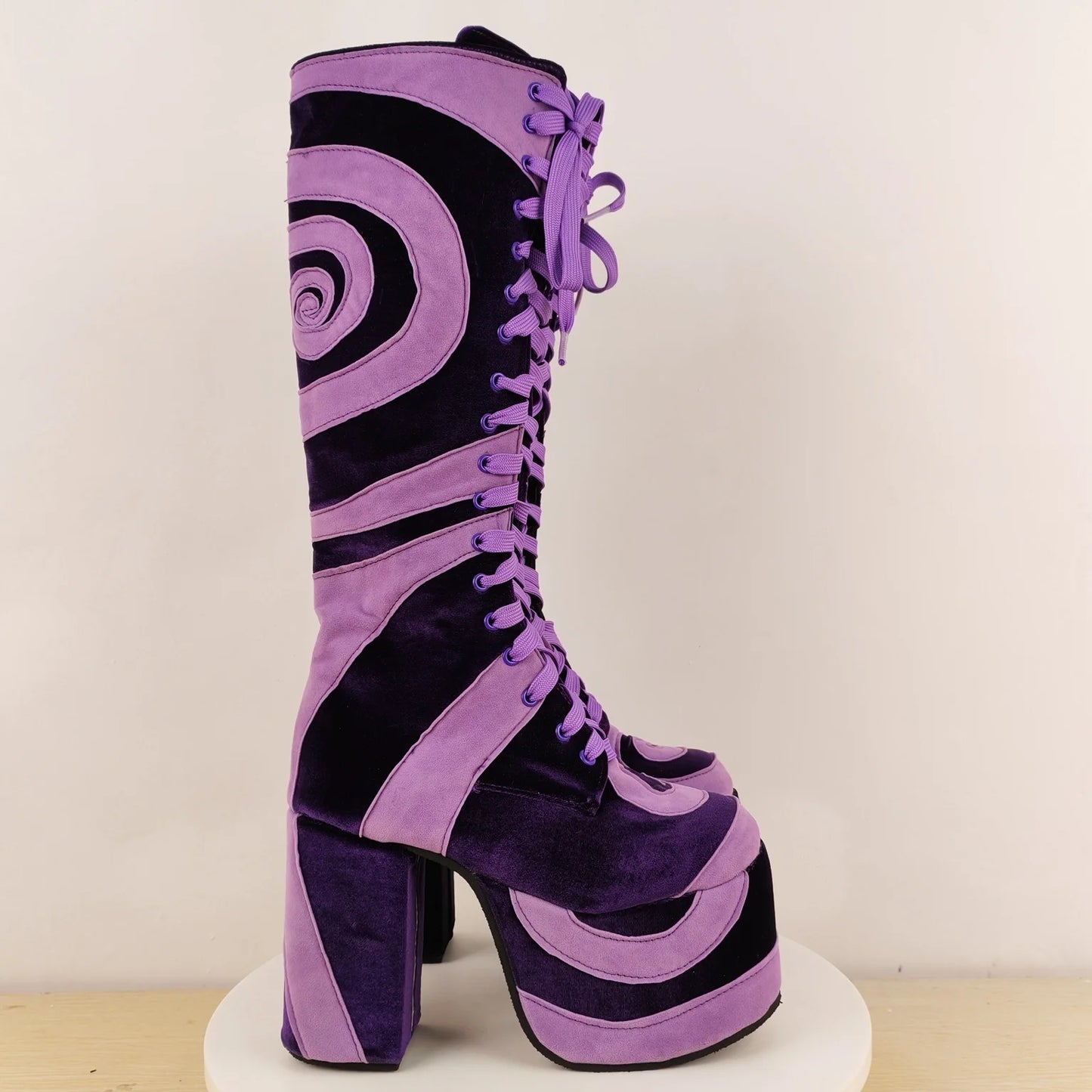 Black White Turbine Pattern Platform Boots Women Round Toe Chunky Heel Side Zipper Knee High Boots 2025 New Design Stretch Boots