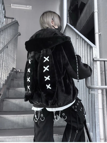 Mauroicardi Autumn Winter Sweet Cute Kawaii Soft Thick Warm Black Faux Fur Coat Women with Bunny Ears Cute Fluffy Jacket Hoodie