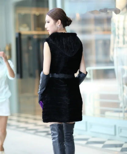 winter ladies fur vest genuine mink fur knitted warm outerwear with hood and belt  80cm long gray black autumn waistcoat