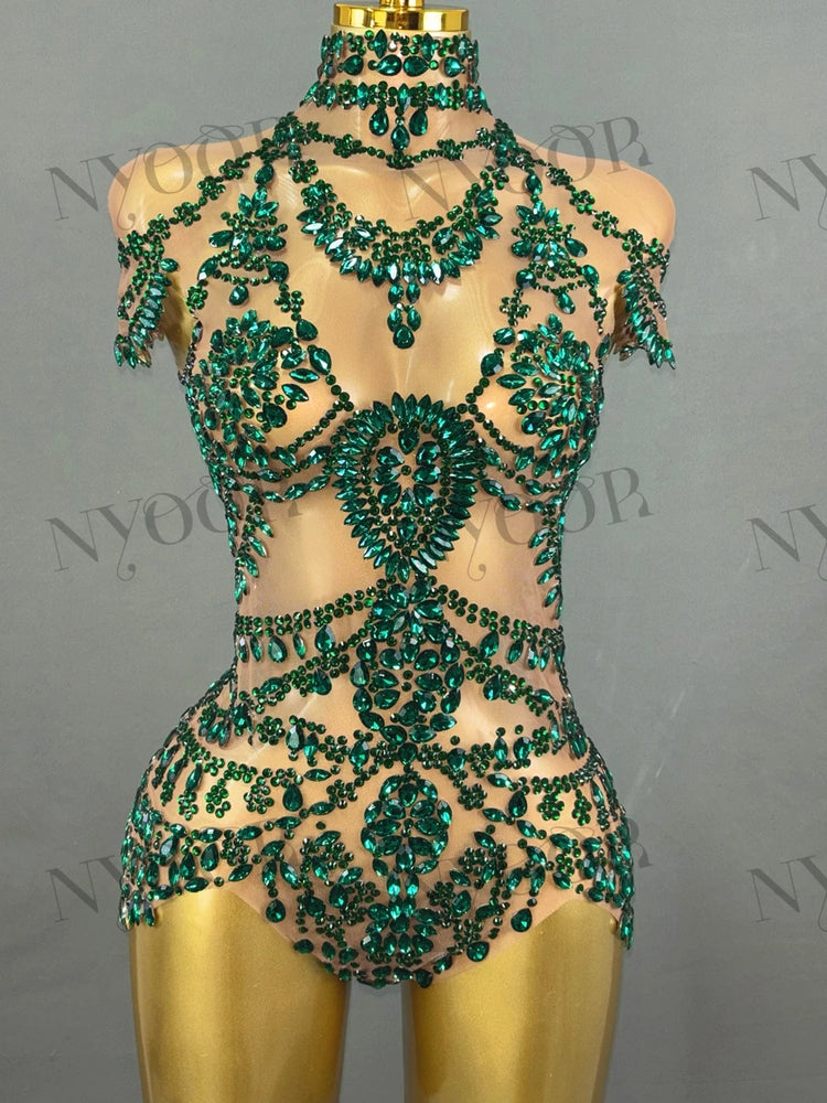 Sparkly Rhinestones Bodysuit for Women Sexy Mesh Transparent Performance Dance Costume Singer Dancer Show Stage Wear