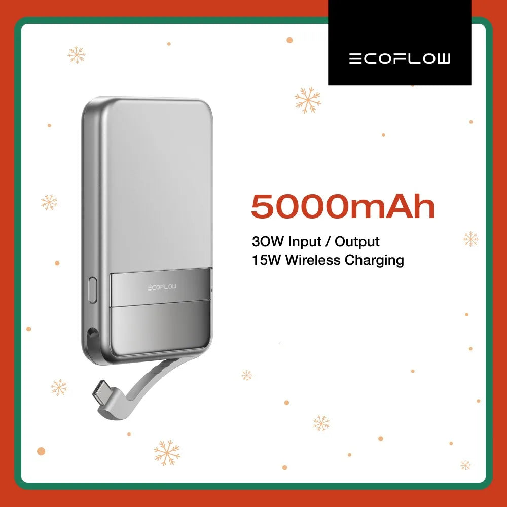 ECOFLOW Rapid Power Bank Wireless 5000mAh, Qi2 Certified Ultra-Fast Magnetic Portable Charger with Stand & Built-in USB-C Cables