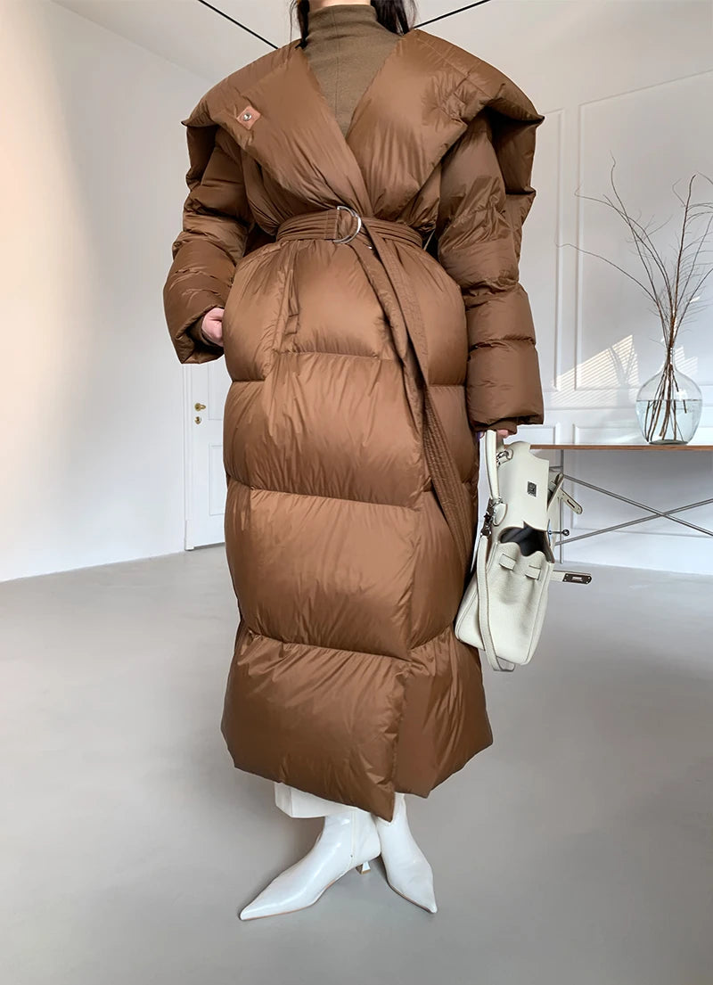 High end Ultra long White goose down Jacket For women Winter 2025 New Fashion Down Coat Female Thicken Parka Overcoat with belt