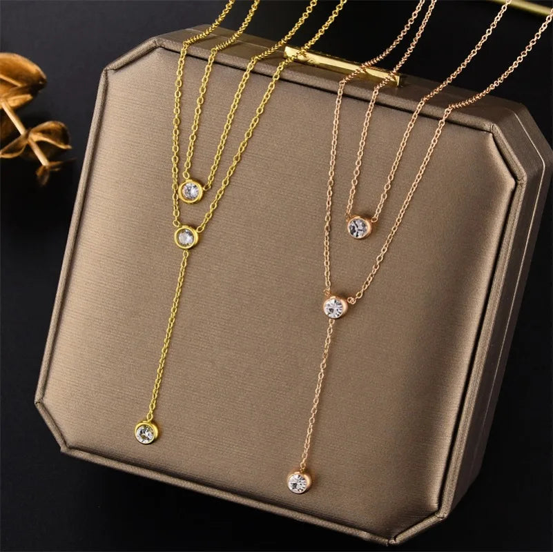18k Gold Layered Stainless Steel Lariat Long Choker Statement Diamond Heart Pendant Necklaces for Womoen Body Chain Jewelry