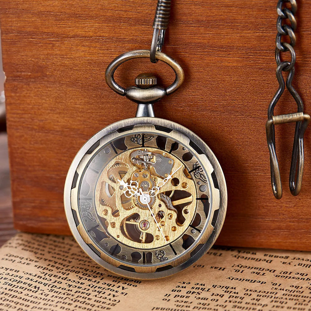 Vintage Transparent Hollow Women Men Skeleton Mechanical Pocket Watch Hand Winding With Waist Belts Chains Gift Watches Clock