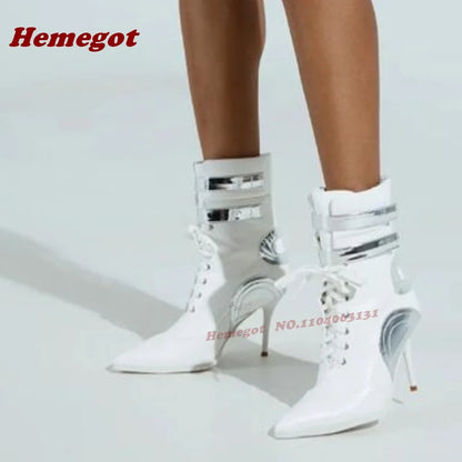 Patchwork Pointy Toe Ankle Boots Stiletto Heels Lace-Up Splicing Women's Short Booties Glossy Gladiator Runway Shoes Luxury Sexy