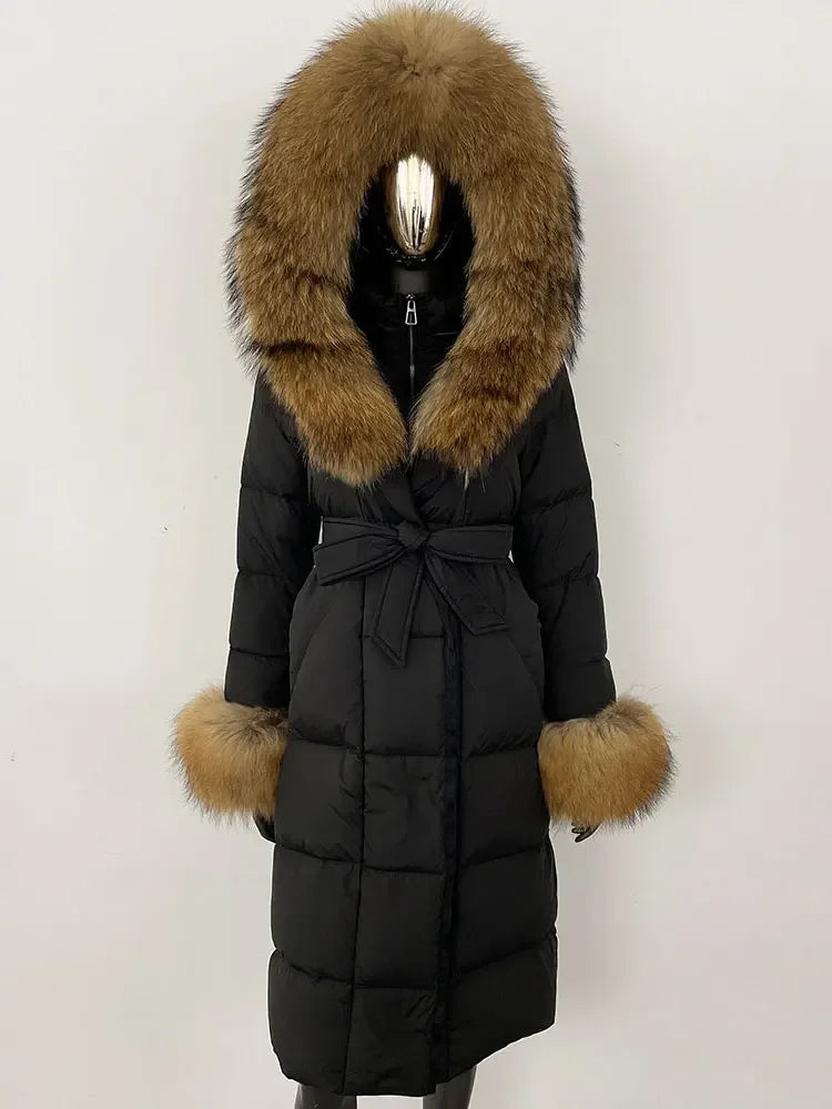 OFTBUY 2024 Long Winter Jacket Women Natural Real Raccoon Fox Fur Collar Hooded White Duck Down Coat Thick Warm Casual Outerwear