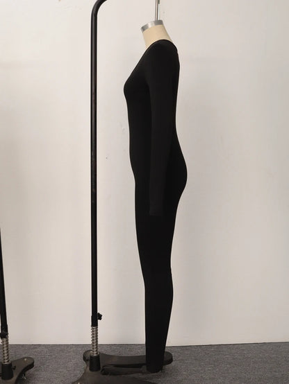 Spring Summer New Women's Long Sleeve Solid Color Skinny Jumpsuit Fashion Sports Fitness Pullover Casual Wear