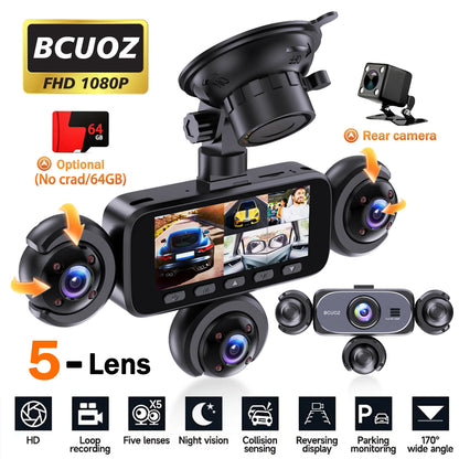 BCUOZ 5-Lens 360° Dashcam 1080P Front 720P Rear Left Right Car Cameras 360° Car Video Recorder Black Box Super Night Vision Loop Recording G-Sensor WDR 12-24V Plug Power Supply Optional 64GB Memory Card