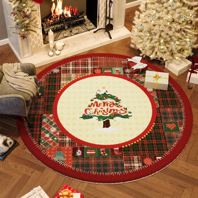 Christmas Round Faux Cashmere Area Rug Non Slip Soft Bedroom Bedside Carpet Xmas Holiday Home Decor Floor Mat for Living Room