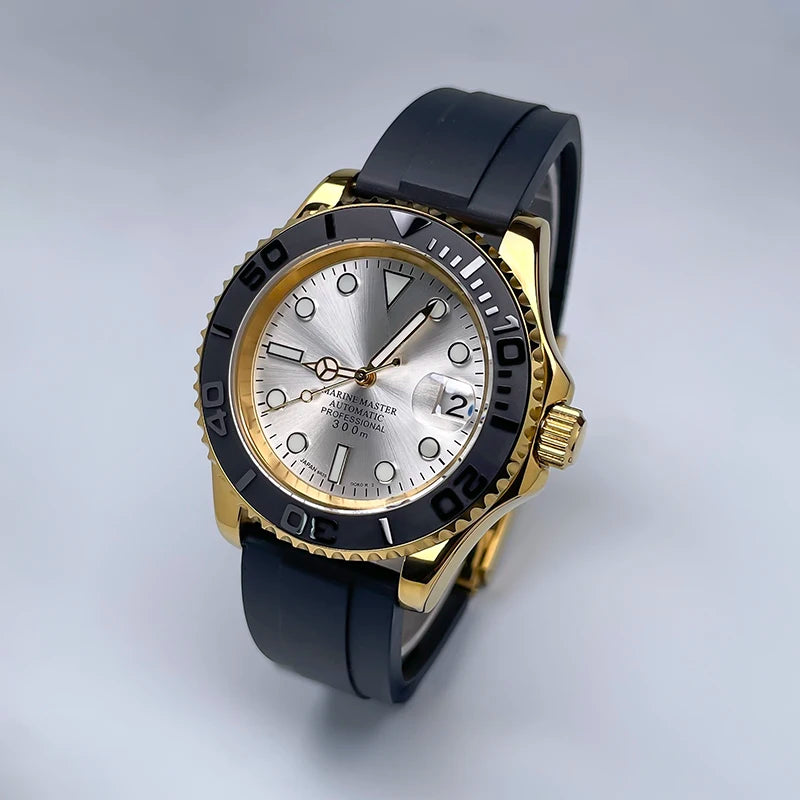 NH35 Automatic Watch Men 40MM Full Gold YM Ceramic Bezel Two-Way Rotating Sapphire Glass Luminous Luxury Rubber Strap for Man