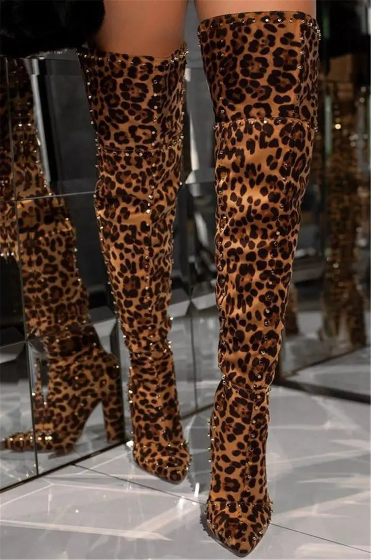 Sexy Green Blue Suede Gold Studs Women Over The Knee Boots Ladies High Heel Thick Slip On Point Toe Rivets Motorcycle Botas