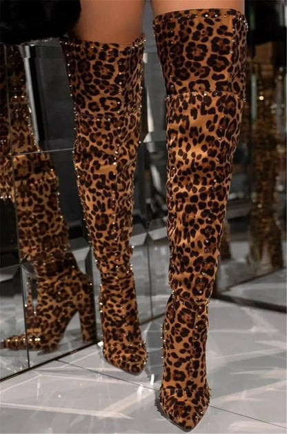 Sexy Green Blue Suede Gold Studs Women Over The Knee Boots Ladies High Heel Thick Slip On Point Toe Rivets Motorcycle Botas