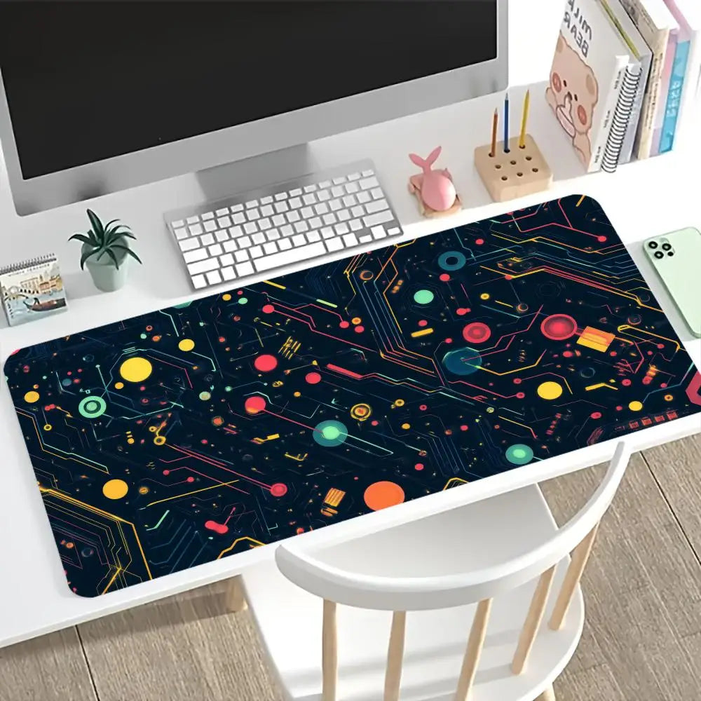 Colorful Tech Circuit Extended Gaming Mouse Pad Non Slip Desk Surface Neon Chip Mainboard Electronic Art Print For Gaming