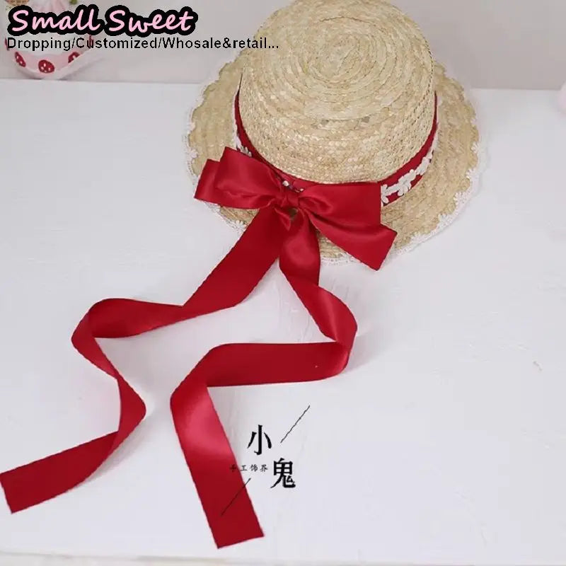 Small Sweet Store Lolita Straw Hat Lolita Princess Lace Bow Ribbon Straw Hat Women Girls Summer Straw Hats Beach Sun Hat