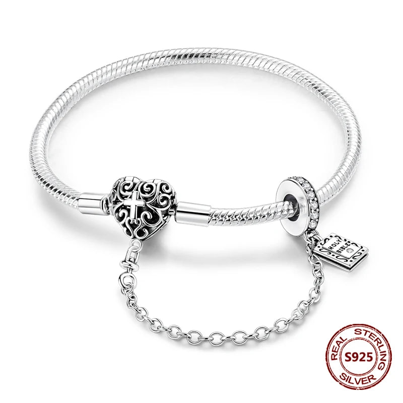 Silver 925 Bracelet Original Bracelets Colorful Zircon Heart Flower Cat Snake Chain For DIY Charms 17-20CM Luxury Jewelry Gifts