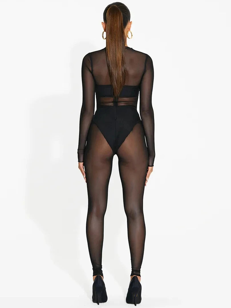 Hugcitar Mesh Long Sleeve Black Zip Up See Through Sheer Sexy Bodycon Jumpsuit 2025 Summer Women Romper Beach Festival Club Y2K