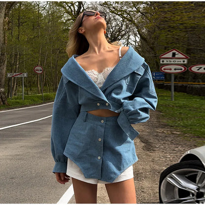 Street Lapel Cropped Coat Shorts Set Women's Solid Single Button Full Sleeve Jackets Ruffles Short Pants 2026 New Lady Outfits