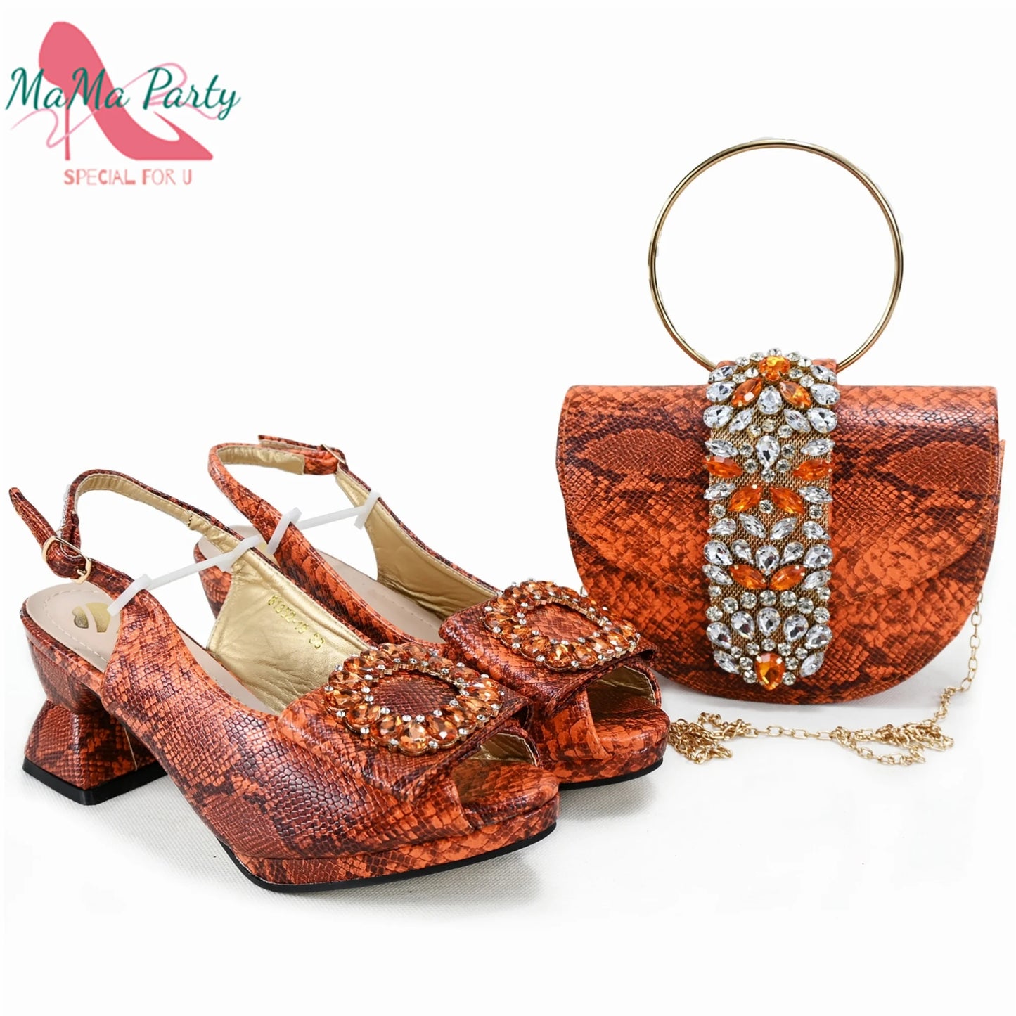 2025 Autumn New Design Specials Italian Women Shoes and Bag Set Pink Color Comfortable Mid Heels With Rhinestone