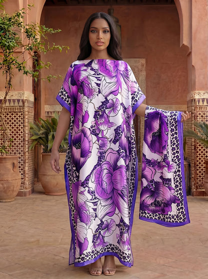 Leopard Border Big Floral Print Satin Abaya With Scarf, Loose Maxi Kaftan For Muslim Women Summer Beach Wear