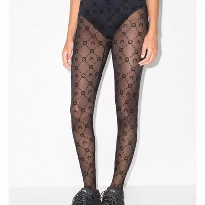 High Waist Pants Women Street Wear Elastic Slimming Tight Thin Socks Autumn Fashion Solid Color Moon Perspective Mesh Plush