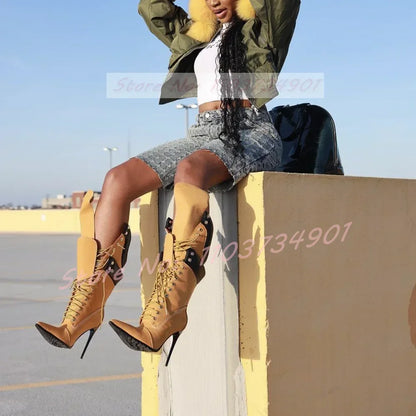 Yellow Lace-Up Knee High Stiletto Boots Women Multi-Strap Pointed Toe Fold Over High Heels Boots Female Party Street Style
